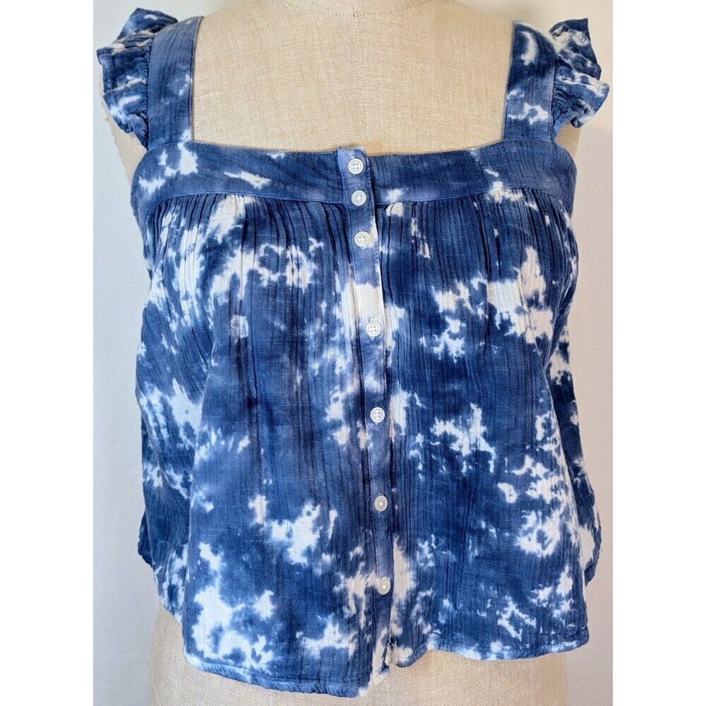 True Craft Blue Tie Dye Button Up Tank Top Ruffle Shoulder 100% Cotton Size L